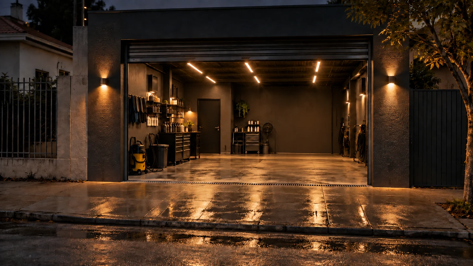 Fachada da Garagem 41 à noite, com o portão aberto e as luzes acesas no interior