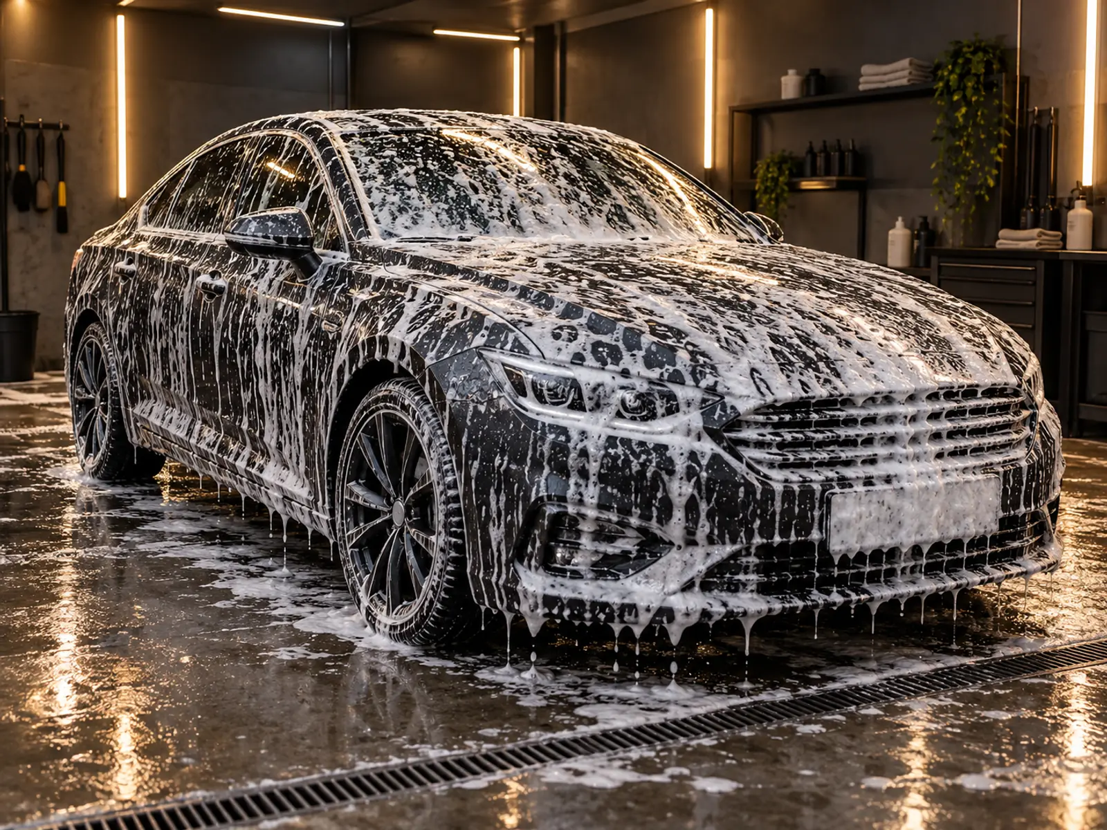 Carro coberto de espuma branca durante a lavagem detalhada