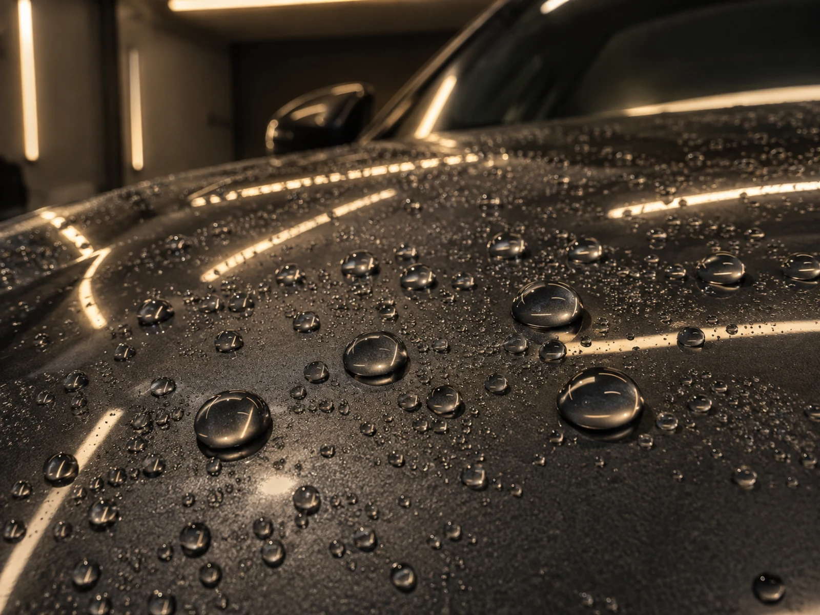 Gotas de água redondas sobre a pintura vitrificada do carro